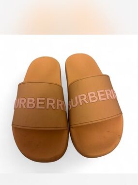 Burberry Tan and Pink Logo Slide Sandals
